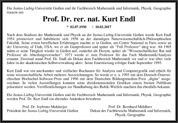 Traueranzeige von Kurt Endl von  Gießener Anzeiger