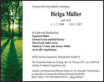Traueranzeige von Helga Müller von Trauerportal Echo Online