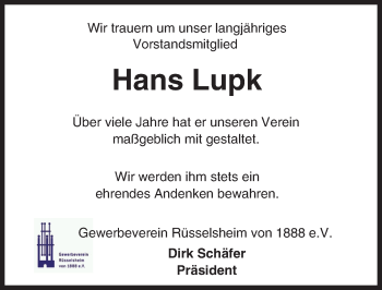 Traueranzeige von Hans Lupk von Trauerportal Rhein Main Presse