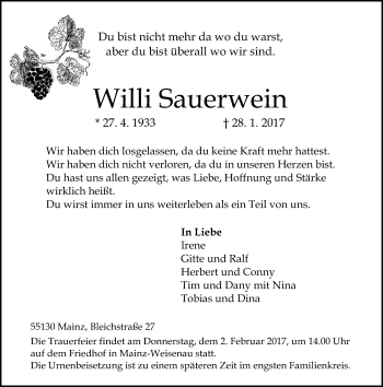 Traueranzeige von Willi Sauerwein von Trauerportal Rhein Main Presse