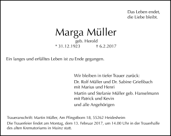 Traueranzeige von Marga Müller von Trauerportal Rhein Main Presse