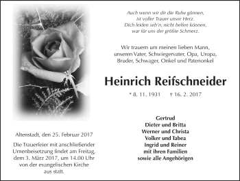 Traueranzeige von Heinrich Reifschneider von  Kreisanzeiger