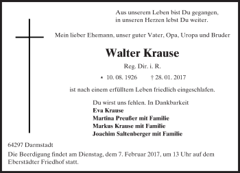Traueranzeige von Walter Krause von Trauerportal Echo Online