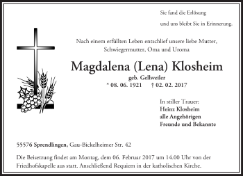 Traueranzeige von Magdalena  Klosheim von Trauerportal Rhein Main Presse