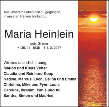 Traueranzeige von Maria Heinlein von Trauerportal Echo Online