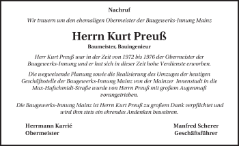 Traueranzeige von Kurt Preuß von Trauerportal Rhein Main Presse