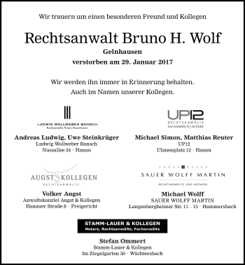 Traueranzeige von Bruno H. Wolf von  Gelnhäuser Tageblatt