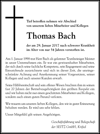 Traueranzeige von Thomas Bach von Trauerportal Rhein Main Presse