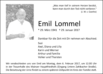 Traueranzeige von Emil Lommel von Trauerportal Rhein Main Presse