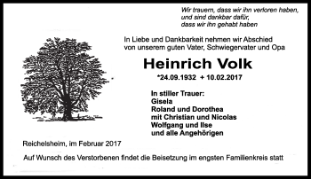 Traueranzeige von Heinrich Volk von Trauerportal Echo Online