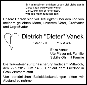 Traueranzeige von Dietrich Vanek von Trauerportal Echo Online