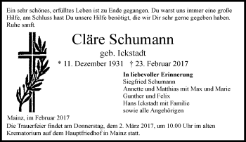 Traueranzeige von Cläre Schumann von Trauerportal Rhein Main Presse