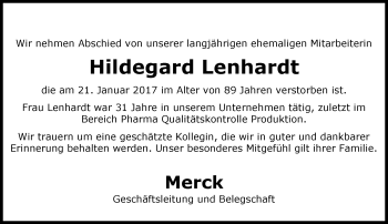 Traueranzeige von Hildegard Lenhardt von Trauerportal Echo Online