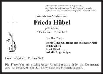 Traueranzeige von Frieda Hübel von VRM Trauer