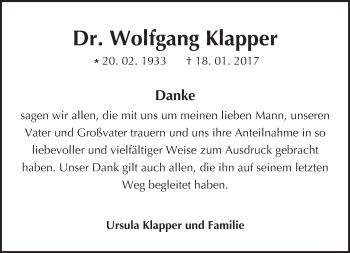 Traueranzeige von Wolfgang Klapper von Trauerportal Echo Online
