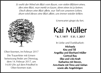 Traueranzeige von Kai Müller von  Kreisanzeiger