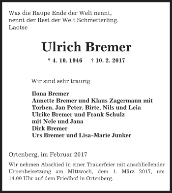 Traueranzeige von Ulrich Bremer von  Kreisanzeiger