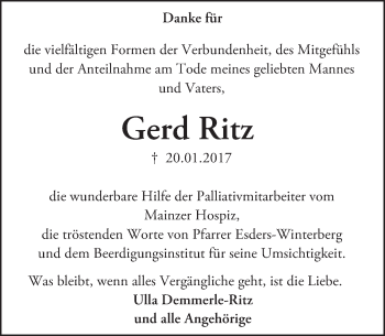 Traueranzeige von Gerd Ritz von Trauerportal Rhein Main Presse