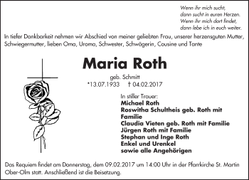 Traueranzeige von Maria Roth von Trauerportal Rhein Main Presse