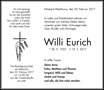 Traueranzeige von Willi Eurich von VRM Trauer