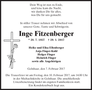 Traueranzeige von Inge Fitzenberger von  Kreisanzeiger