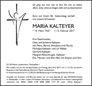 Traueranzeige von Maria Kalteyer von Trauerportal Rhein Main Presse