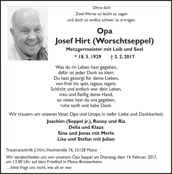 Traueranzeige von Josef Hirt von Trauerportal Rhein Main Presse