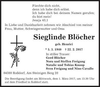 Traueranzeige von Sieglinde Blöcher von Trauerportal Echo Online