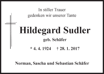 Traueranzeige von Hildegard Sudler von Trauerportal Rhein Main Presse