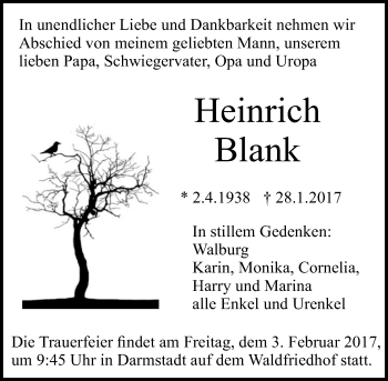 Traueranzeige von Heinrich Blank von Trauerportal Echo Online