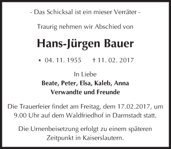Traueranzeige von Hans-Jürgen Bauer von Trauerportal Echo Online