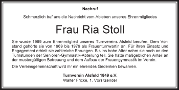Traueranzeige von Ria Stoll von VRM Trauer