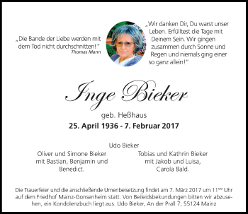 Traueranzeige von Inge Bieker von Trauerportal Rhein Main Presse