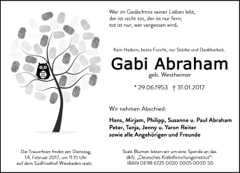 Traueranzeige von Gabi Abraham von Trauerportal Rhein Main Presse Traueranzeige von Gabi Abraham von Trauerportal Rhein Main Presse