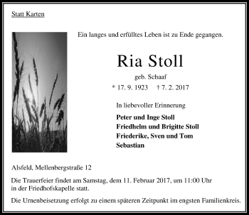 Traueranzeige von Ria Stoll von VRM Trauer