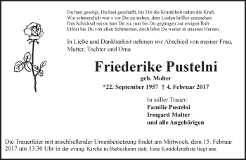 Traueranzeige von Friederike Pustelni von Trauerportal Echo Online