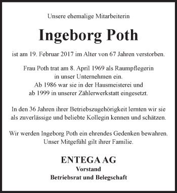 Traueranzeige von Ingeborg Poth von Trauerportal Echo Online
