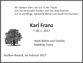 Traueranzeige von Karl Franz von  Gießener Anzeiger