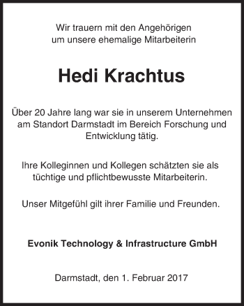 Traueranzeige von Hedi Krachtus von Trauerportal Echo Online