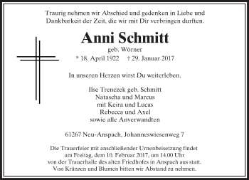 Traueranzeige von Anni Schmitt von  Usinger Anzeiger
