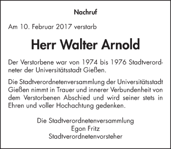 Traueranzeige von Walter Arnold von  Gießener Anzeiger