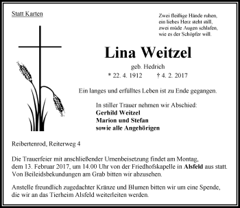 Traueranzeige von Lina Weitzel von VRM Trauer