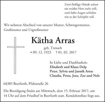 Traueranzeige von Kätha Arras von Trauerportal Echo Online