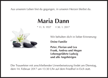 Traueranzeige von Maria Dann von Trauerportal Rhein Main Presse