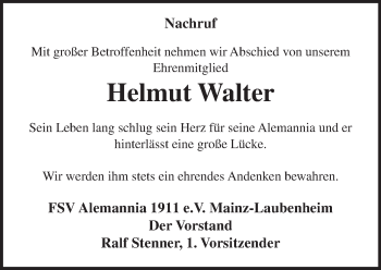 Traueranzeige von Helmut Walter von Trauerportal Rhein Main Presse