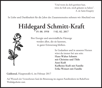 Traueranzeige von Hildegard Schmitt-Kraft von Trauerportal Rhein Main Presse