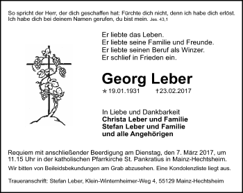 Traueranzeige von Georg Leber von Trauerportal Rhein Main Presse