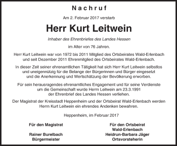 Traueranzeige von Kurt Leitwein von Trauerportal Echo Online