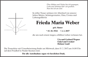Traueranzeige von Frieda Maria Weber von  Kreisanzeiger