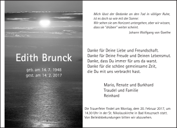 Traueranzeige von Edith Brunck von Trauerportal Rhein Main Presse